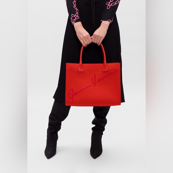 VERSACE Canvas Suppler Calfskin Cabas GV Signature Tote Red - Picture 3 of 16